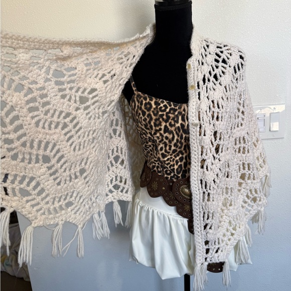 Boho Hand-Crocheted Fringe Shawl Cardigan | Open Knit Poncho | One Size - Picture 4 of 6